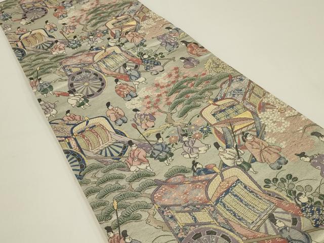 平和屋着物◎六通柄袋帯 唐織 桜下遊絵巻柄 金銀糸 正絹 逸品 未使用 AABK2754ou