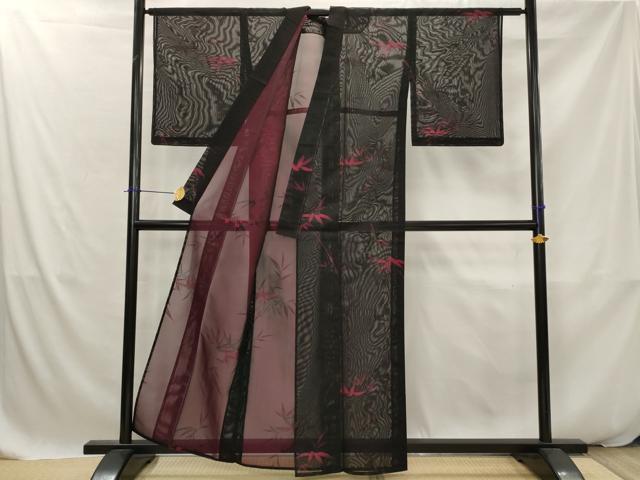 平和屋着物*夏物 小紋 紗 笹の葉文 黒地 正絹 逸品 AABK2777st