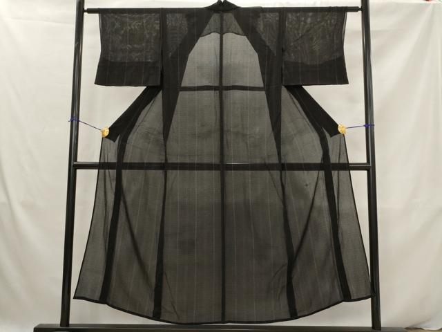 平和屋着物*夏物 小紋 絽縮緬 縞 黒地 正絹 逸品 AABK2915st