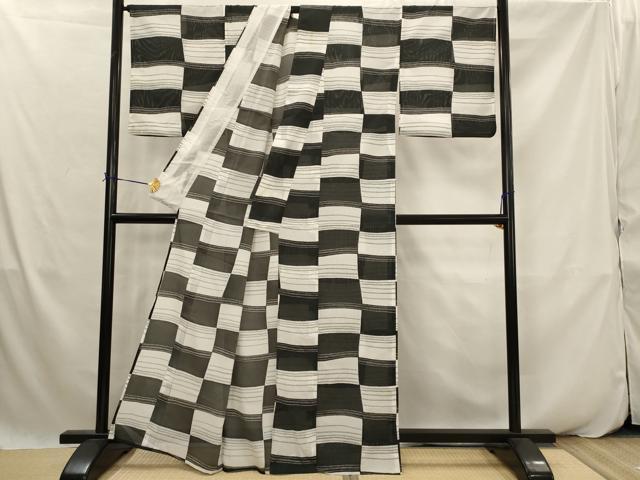 平和屋着物*夏物 小紋 絽 市松文様 洗える着物 AABK2928st