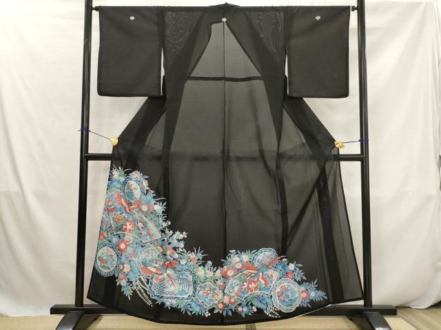 平和屋着物*夏物 黒留袖 絽 地紙飛鳥花文 銀彩 洗える着物 AABK2934st