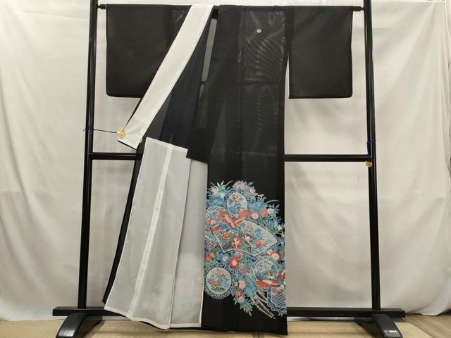 平和屋着物*夏物 黒留袖 絽 地紙飛鳥花文 銀彩 洗える着物 AABK2934st