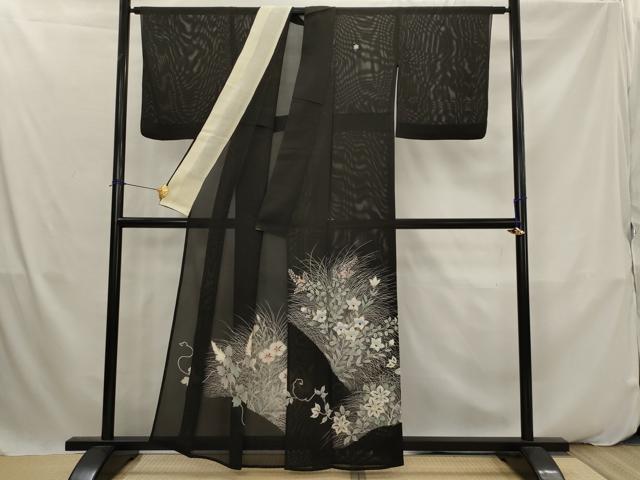 平和屋着物*夏物 黒留袖 絽 草花文 金銀彩 銀糸 正絹 逸品 AABK2938st