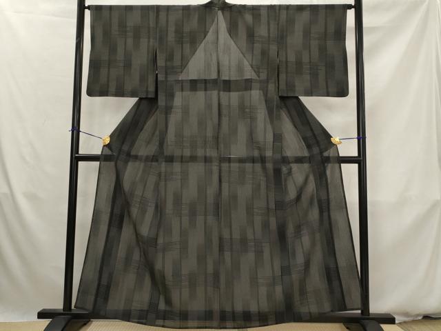 平和屋着物*夏物 本塩沢 夏塩沢 110亀甲 変わり間道 黒地 正絹 逸品 AABK3010st