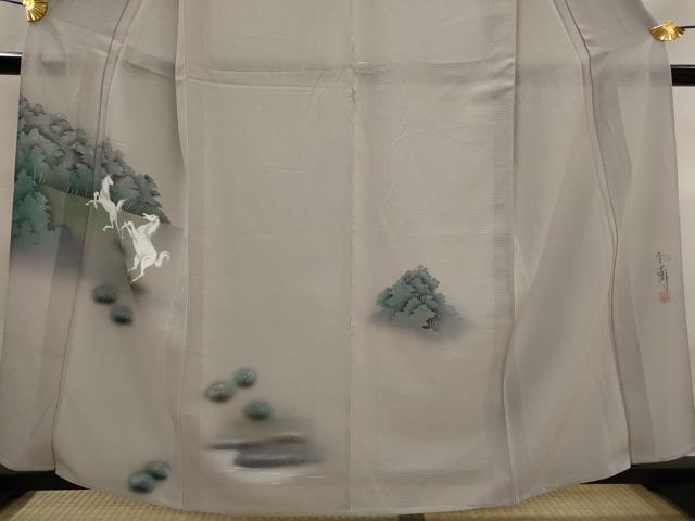 平和屋着物*夏物 訪問着 絽縮緬 作家物 手描き 馬 暈し染め 金彩 正絹 逸品 未使用 AABK3019st
