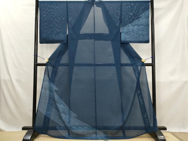 平和屋着物*夏物 訪問着 絽 藍 型染め 更紗花文 正絹 逸品 未使用 AABK3024st