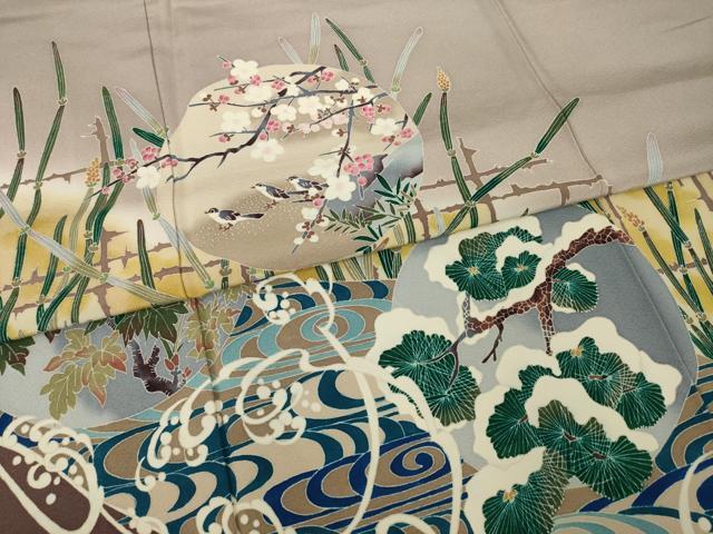 平和屋着物●豪華色留袖 友禅 作家物 流水花鳥文 正絹 逸品 AABK3046ck