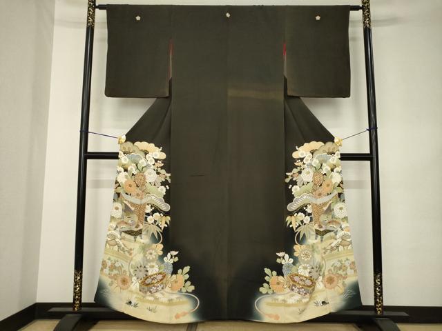 平和屋着物●アンティーク 大正ロマン 黒留袖 貝桶花文 両褄 正絹 逸品 AABK3047ck