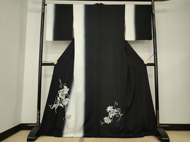平和屋着物●訪問着 花唐草文 暈し染め 黒地 金彩 ロング丈 正絹 逸品 AABK3068ck