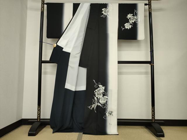 平和屋着物●訪問着 花唐草文 暈し染め 黒地 金彩 ロング丈 正絹 逸品 AABK3068ck