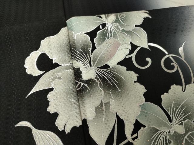 平和屋着物●訪問着 花唐草文 暈し染め 黒地 金彩 ロング丈 正絹 逸品 AABK3068ck