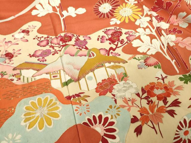 平和屋着物●アンティーク 大正ロマン 訪問着 駒刺繍 風景文 金彩 正絹 逸品 AABK3082ck