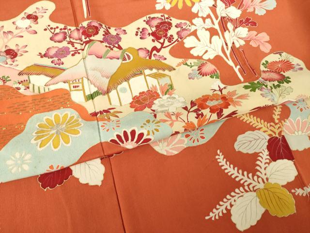 平和屋着物●アンティーク 大正ロマン 訪問着 駒刺繍 風景文 金彩 正絹 逸品 AABK3082ck