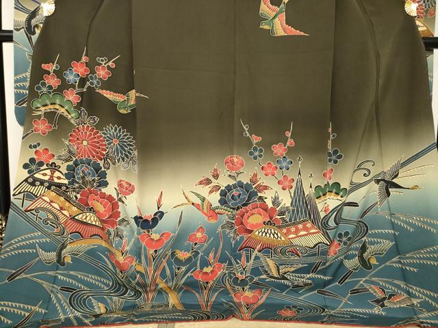 平和屋着物●豪華振袖 紅型 風景文 暈し染め ロング丈 正絹 逸品 AABK3097ck