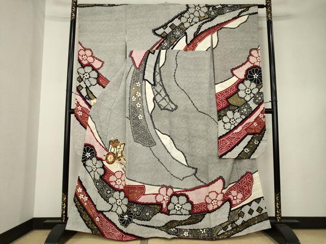 平和屋着物●豪華振袖 駒刺繍 御所車花文 正絹 逸品 AABK3102ck
