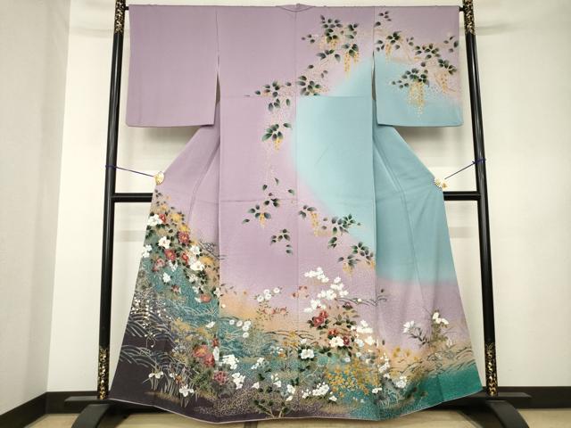平和屋着物●訪問着 刺繍 流水花文 暈し染め 正絹 逸品 AABK3104ck