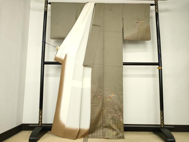 平和屋着物●訪問着 駒刺繍 芝花文 暈し染め 金糸 金彩 正絹 逸品 AABK3123ck