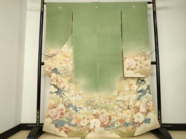 平和屋本店●アンティーク 大正ロマン 振袖 駒刺繍 草花文 金糸 正絹 逸品 AABK3155ck