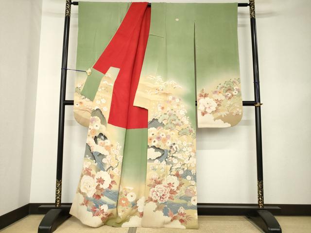平和屋本店●アンティーク 大正ロマン 振袖 駒刺繍 草花文 金糸 正絹 逸品 AABK3155ck