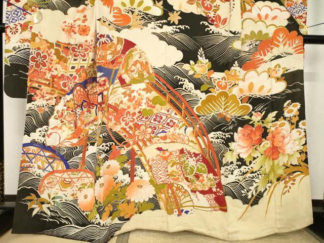 平和屋本店●アンティーク 大正ロマン 振袖 駒刺繍 渡り橋御所車花文 正絹 逸品 AABK3157ck