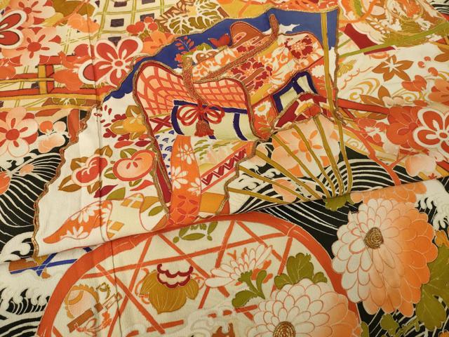平和屋本店●アンティーク 大正ロマン 振袖 駒刺繍 渡り橋御所車花文 正絹 逸品 AABK3157ck