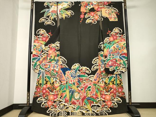 平和屋本店●アンティーク 大正ロマン 振袖 駒刺繍 地紙吉祥花文 黒地 金彩 正絹 逸品 AABK3158ck