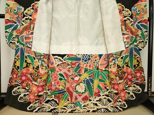 平和屋本店●アンティーク 大正ロマン 振袖 駒刺繍 地紙吉祥花文 黒地 金彩 正絹 逸品 AABK3158ck