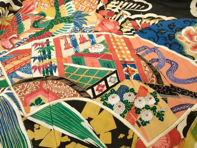 平和屋本店●アンティーク 大正ロマン 振袖 駒刺繍 地紙吉祥花文 黒地 金彩 正絹 逸品 AABK3158ck