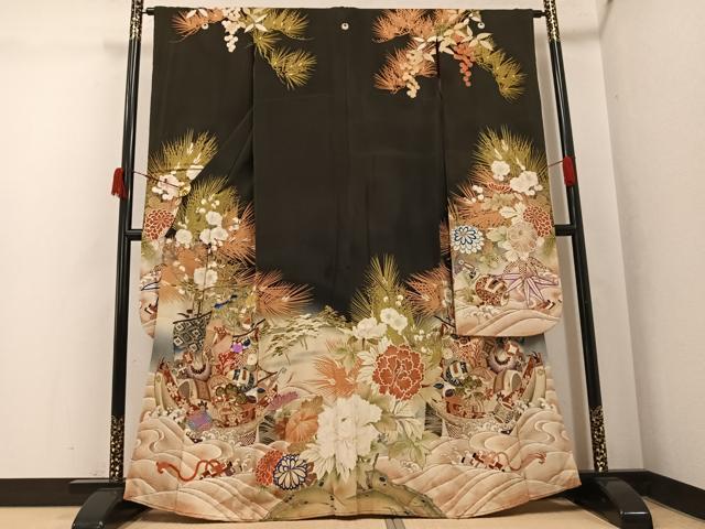 平和屋本店●アンティーク 大正ロマン 振袖 駒刺繍 飛鶴草花宝船 黒地 金彩 正絹 逸品 AABK3209ph