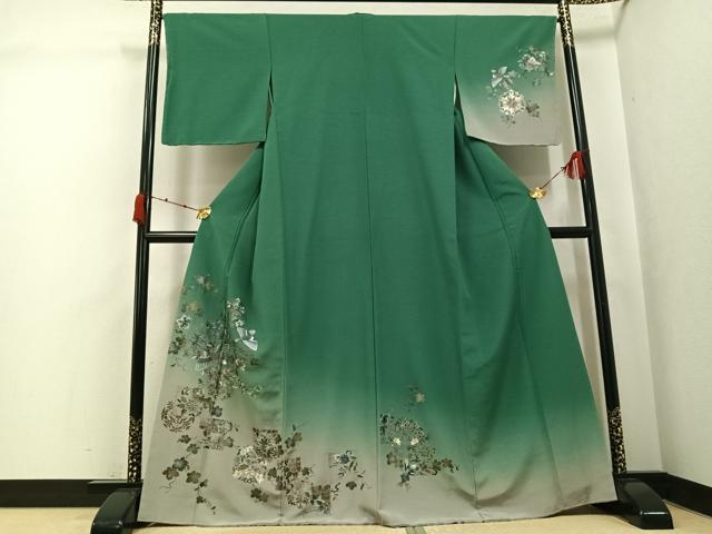 平和屋着物●訪問着 刺繍 更紗花鳥舞蝶文 暈し染め 金彩 正絹 逸品 AABK3213ph