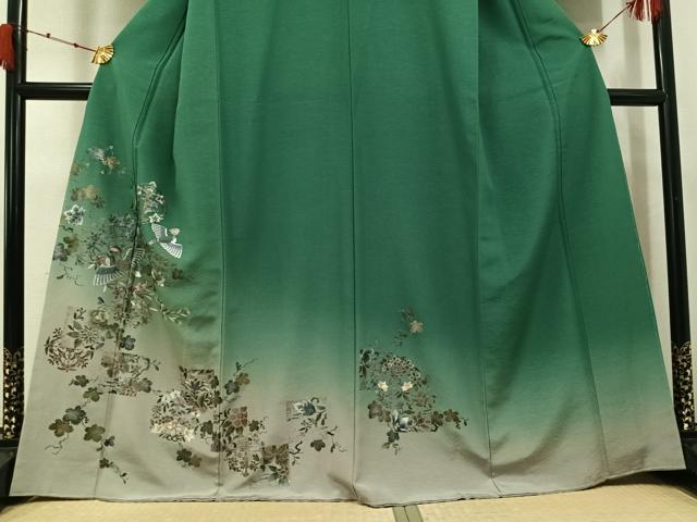 平和屋着物●訪問着 刺繍 更紗花鳥舞蝶文 暈し染め 金彩 正絹 逸品 AABK3213ph