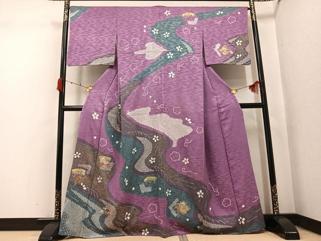 平和屋着物●訪問着 絞り 刺繍 草花文 金彩 正絹 逸品 AABK3221ph