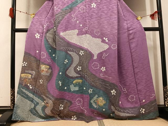 平和屋着物●訪問着 絞り 刺繍 草花文 金彩 正絹 逸品 AABK3221ph