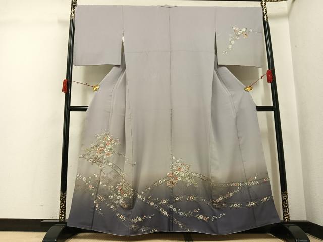 平和屋着物●訪問着 総刺繍 中国三大刺繍 スワトウ刺繍 汕頭刺繍 草花文 暈し染め 金糸 正絹 逸品 AABK3223ph