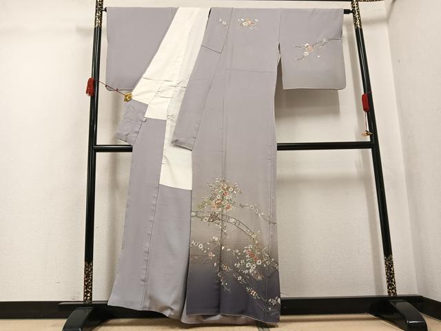 平和屋着物●訪問着 総刺繍 中国三大刺繍 スワトウ刺繍 汕頭刺繍 草花文 暈し染め 金糸 正絹 逸品 AABK3223ph