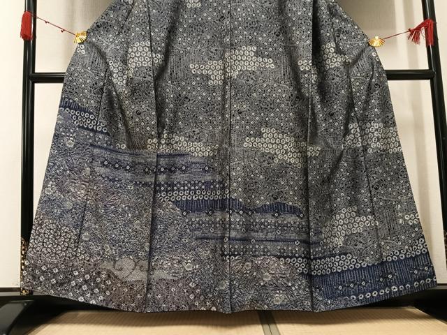 平和屋着物●お召 訪問着 辻が花 藍 正絹 逸品 AABK3226ph