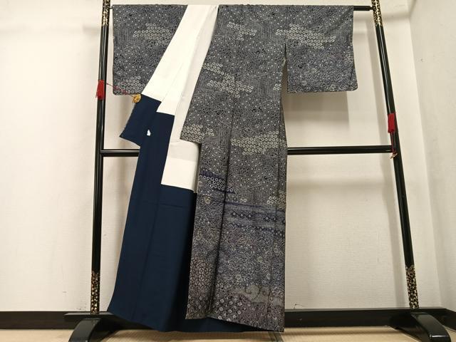 平和屋着物●お召 訪問着 辻が花 藍 正絹 逸品 AABK3226ph