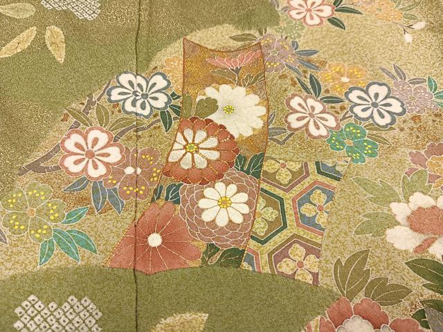 平和屋着物●訪問着 駒刺繍 絞り 草花文 金彩 正絹 逸品 AABK3235ph