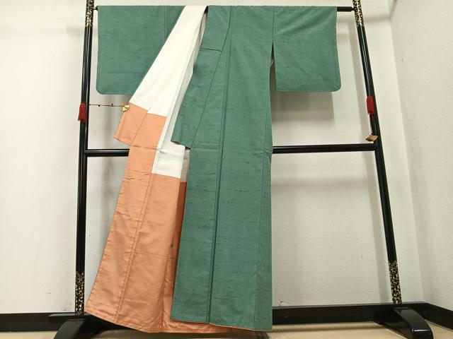 平和屋着物●上質な紬 色無地 老竹色 正絹 逸品 AABK3238ph