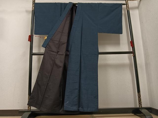平和屋着物●男性 紬 色無地 鉄御納戸色 正絹 逸品 AABK3255ph