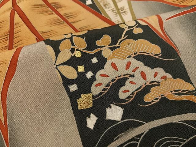平和屋本店●アンティーク 大正ロマン 振袖 駒刺繍 松竹梅文 黒地 金彩 正絹 逸品 AABK3291ph