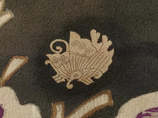 平和屋本店●アンティーク 大正ロマン 振袖 駒刺繍 松竹梅文 黒地 金彩 正絹 逸品 AABK3291ph