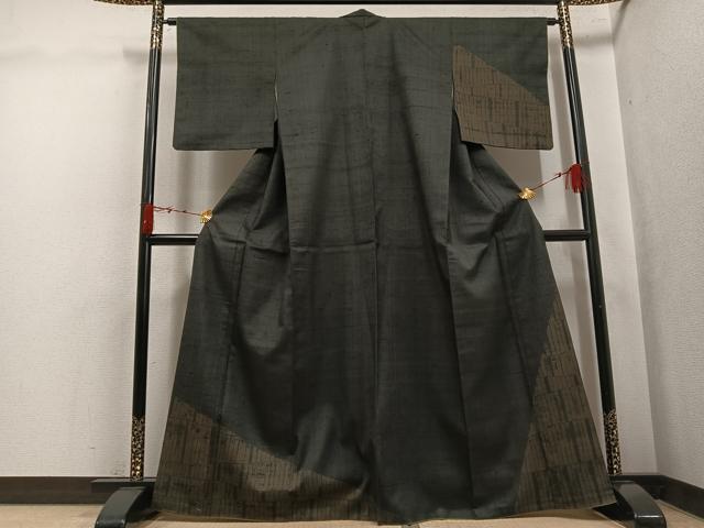 平和屋着物○訪問着 紬地 幾何学文様 黒地 正絹 逸品 AABK3304ph