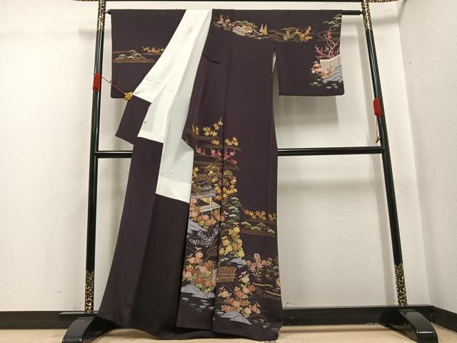 平和屋着物●訪問着 竹屋町刺繍 風景草花文 金彩 正絹 逸品 AABK3317ph