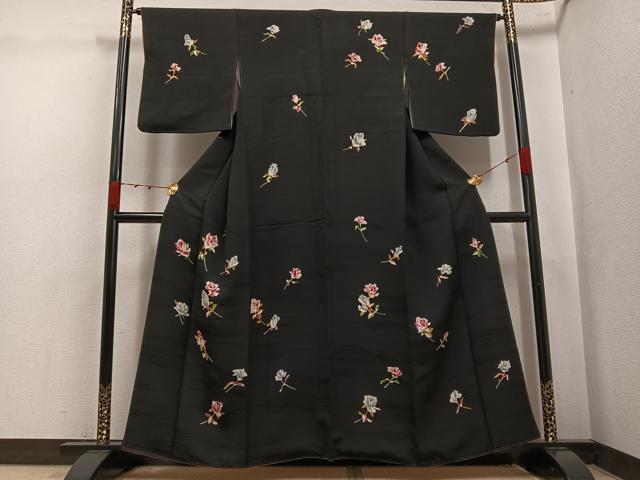 平和屋着物●訪問着 草花文 黒地 正絹 逸品 AABK3318ph