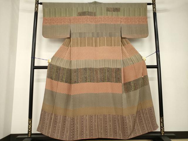 平和屋着物●訪問着 作家物 横段更紗文 正絹 逸品 AABK3338ck