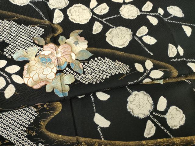 平和屋着物●訪問着 辻が花 流水花文 黒地 金彩 正絹 逸品 AABK3383ck