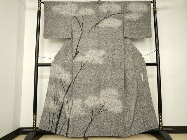 平和屋着物●二代目 川村久太郎 訪問着 樹林文 たたき染め 黒地 正絹 逸品 AABK3384ck