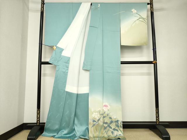 平和屋着物●二代目清次郎 手描き 訪問着 刺繍 草花文 暈し染め ロング丈 正絹 逸品 AABK3386ck