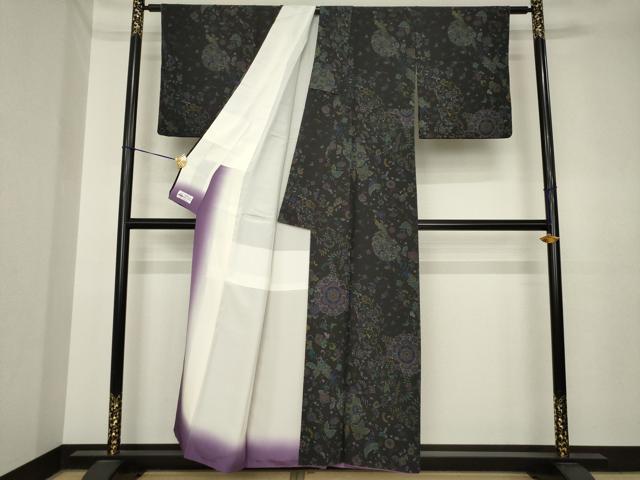 平和屋着物●上質な小紋 更紗飾花文 蝋色地 やまと誂製 正絹 逸品 AABK3392ck